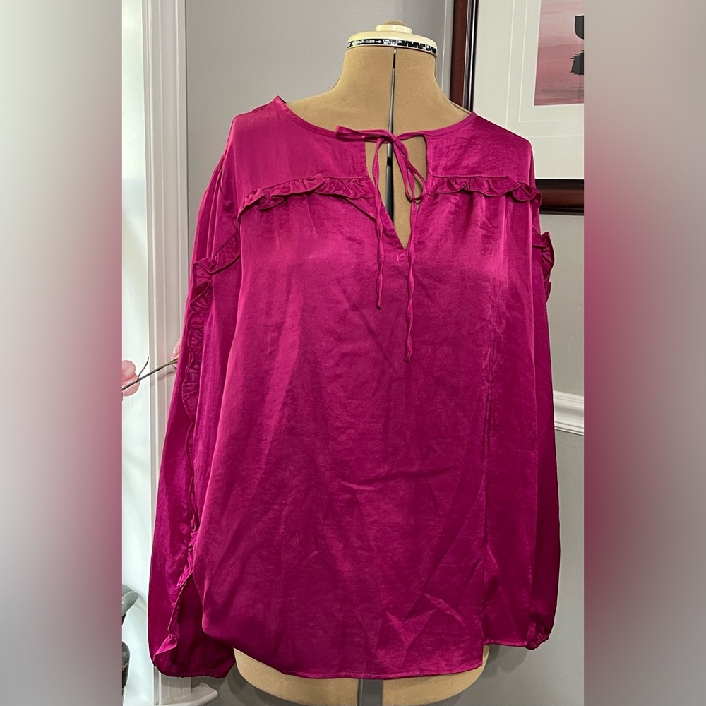 LOFT sz XL Vibrant Pink Tie-Neck Blouse